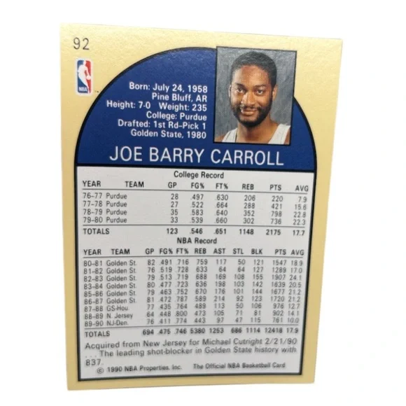 Joe Barry Carrol Denver Nuggets 1990 NBA HOOPS #92 Trading Card - Picture 2 of 9